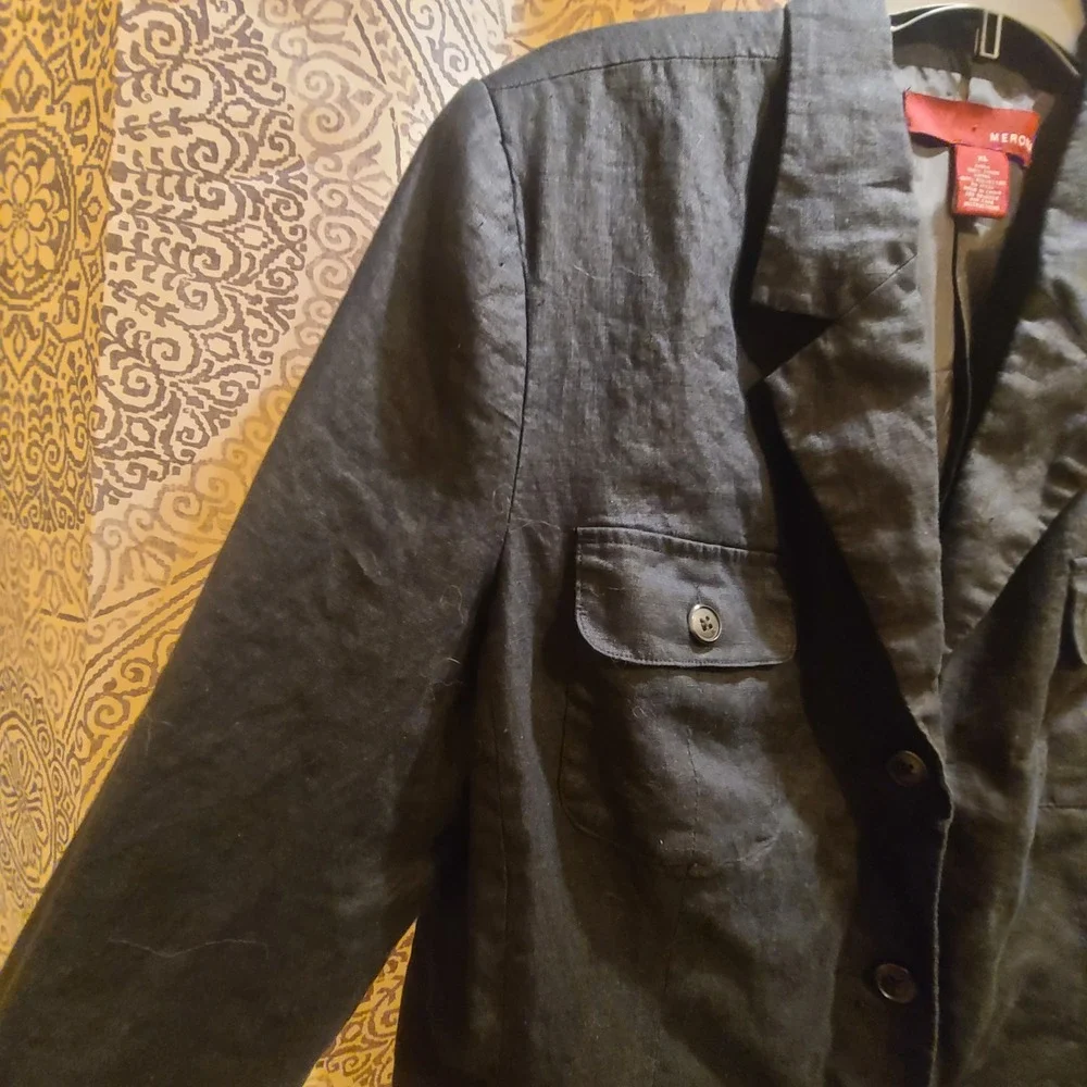 Merona Linen Utility Blazer Women XL Black Button Front 4 Pocket Jacket